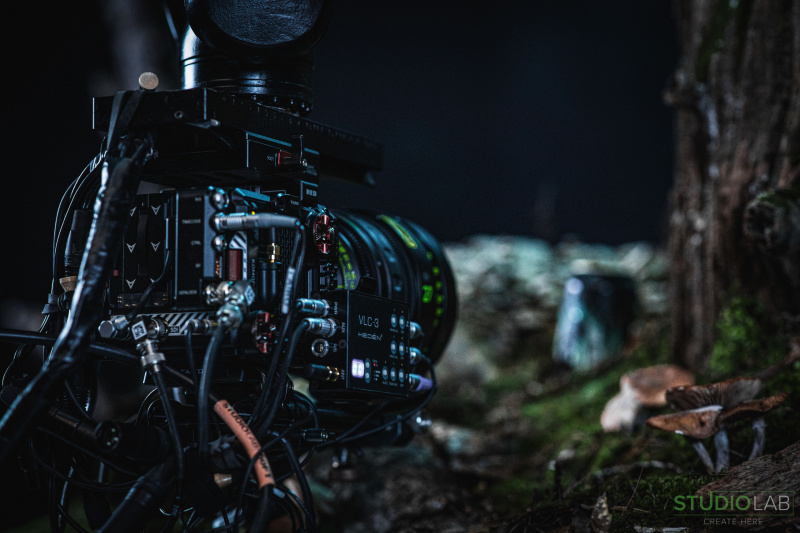 A close-up shot of a detailed cinema camera setup focused on capturing a forest scene featuring moss, mushrooms, and a can in the background.